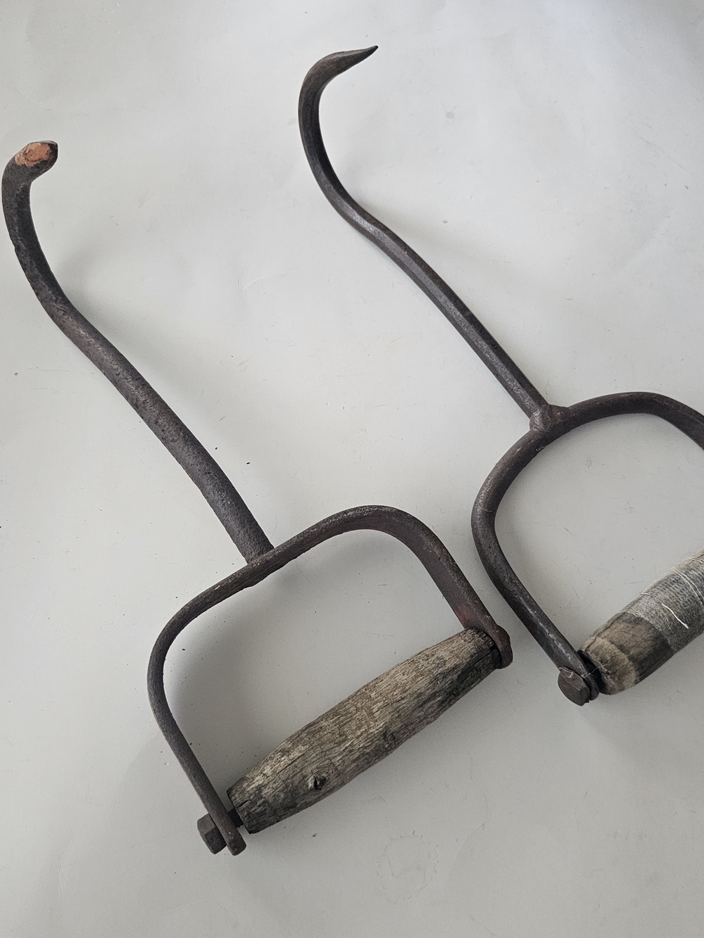 Two Primitive Hay Hooks Rustic Iron with Wood Handles - Farm Decor